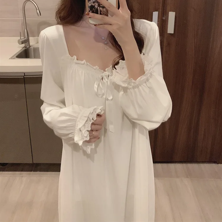 Long Sleeve Princess Style Nightdress Women's Pajamas Lace Palace Korean Version Loose Plus Size 2024 New Homewear Birthday Gift