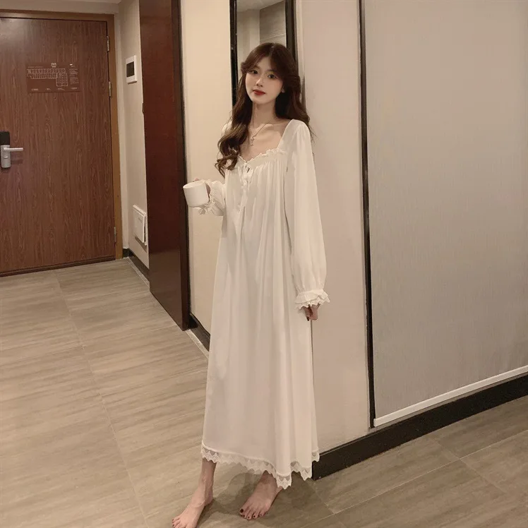 Long Sleeve Princess Style Nightdress Women's Pajamas Lace Palace Korean Version Loose Plus Size 2024 New Homewear Birthday Gift