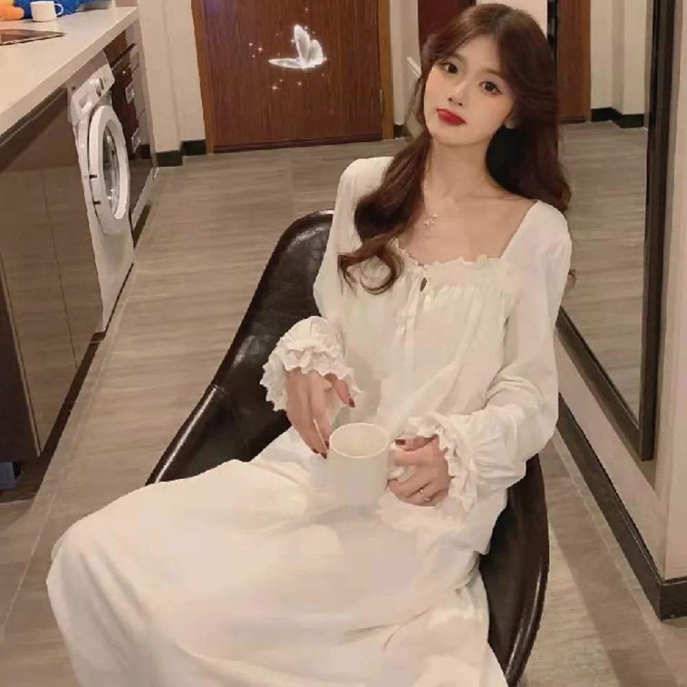 Long Sleeve Princess Style Nightdress Women's Pajamas Lace Palace Korean Version Loose Plus Size 2024 New Homewear Birthday Gift