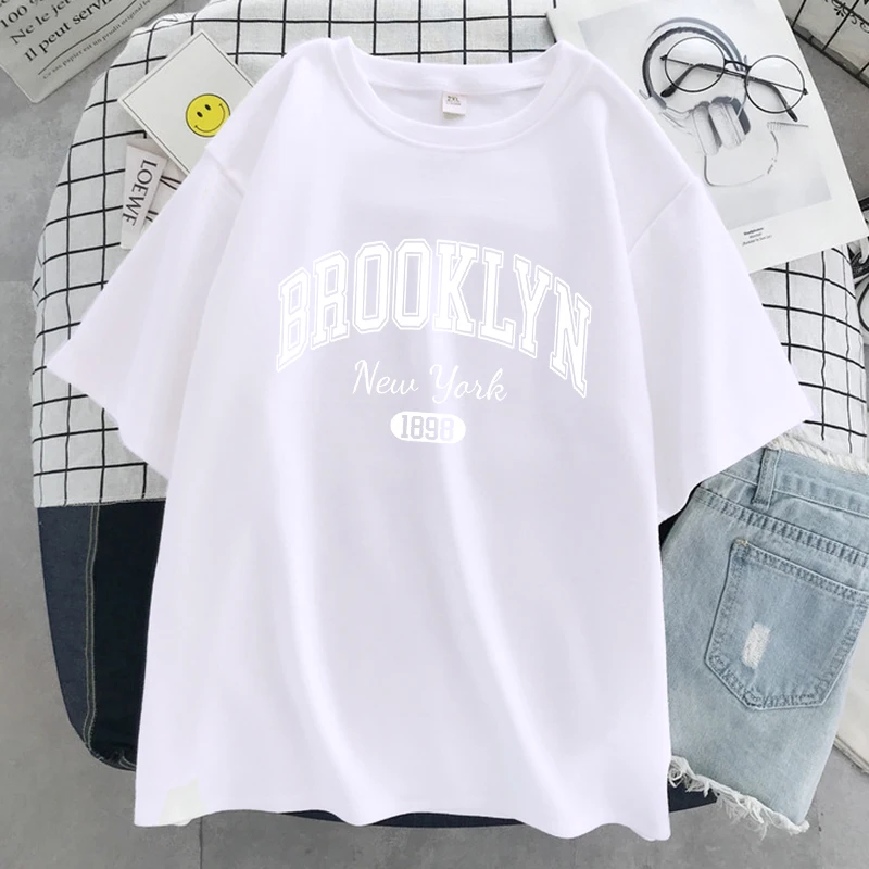 Brooklyn New York 1898 City Letter Print Female T-Shirt Street Breathable Tops Oversized Clothes Comfortable O-Neck Short Sleeve