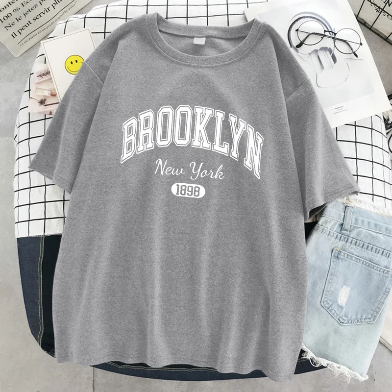 Brooklyn New York 1898 City Letter Print Female T-Shirt Street Breathable Tops Oversized Clothes Comfortable O-Neck Short Sleeve