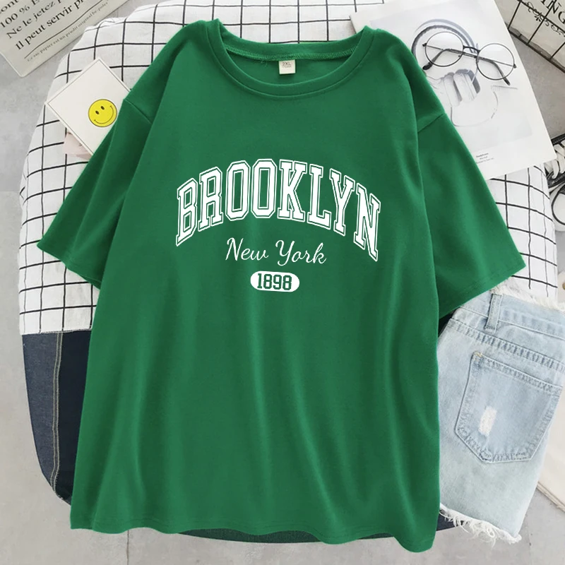 Brooklyn New York 1898 City Letter Print Female T-Shirt Street Breathable Tops Oversized Clothes Comfortable O-Neck Short Sleeve