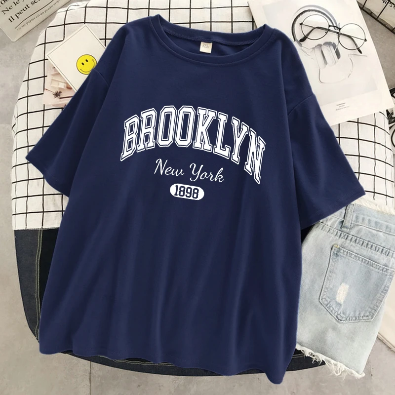 Brooklyn New York 1898 City Letter Print Female T-Shirt Street Breathable Tops Oversized Clothes Comfortable O-Neck Short Sleeve