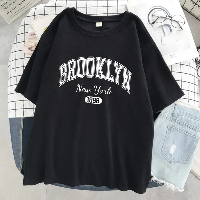 Brooklyn New York 1898 City Letter Print Female T-Shirt Street Breathable Tops Oversized Clothes Comfortable O-Neck Short Sleeve