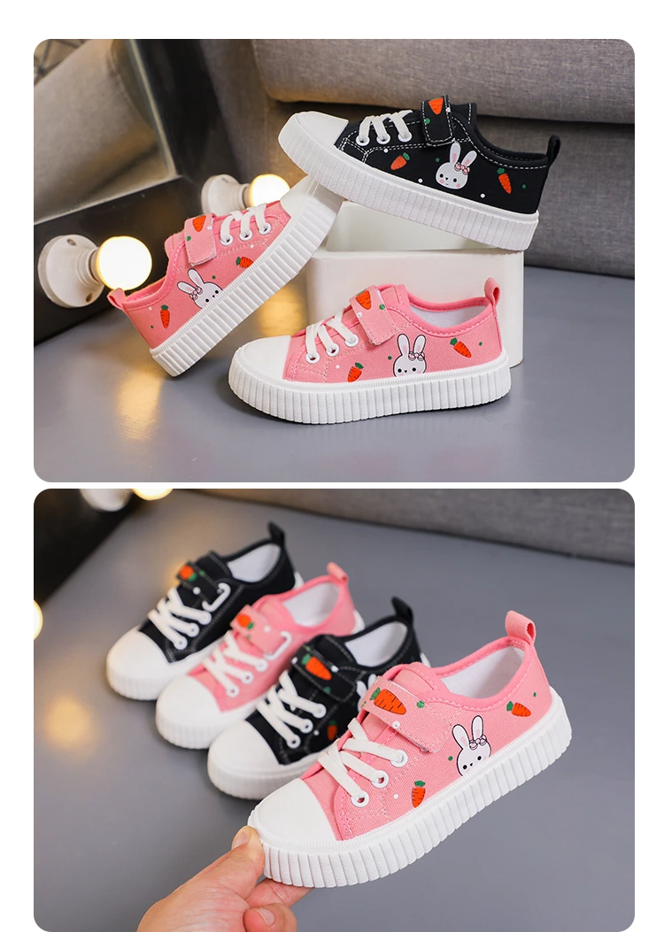 Girls Toddler Low Top Canvas Sneakers Rabbit Carrot Print Hook Loop Pink Adorable Comfortable Breathable Everyday