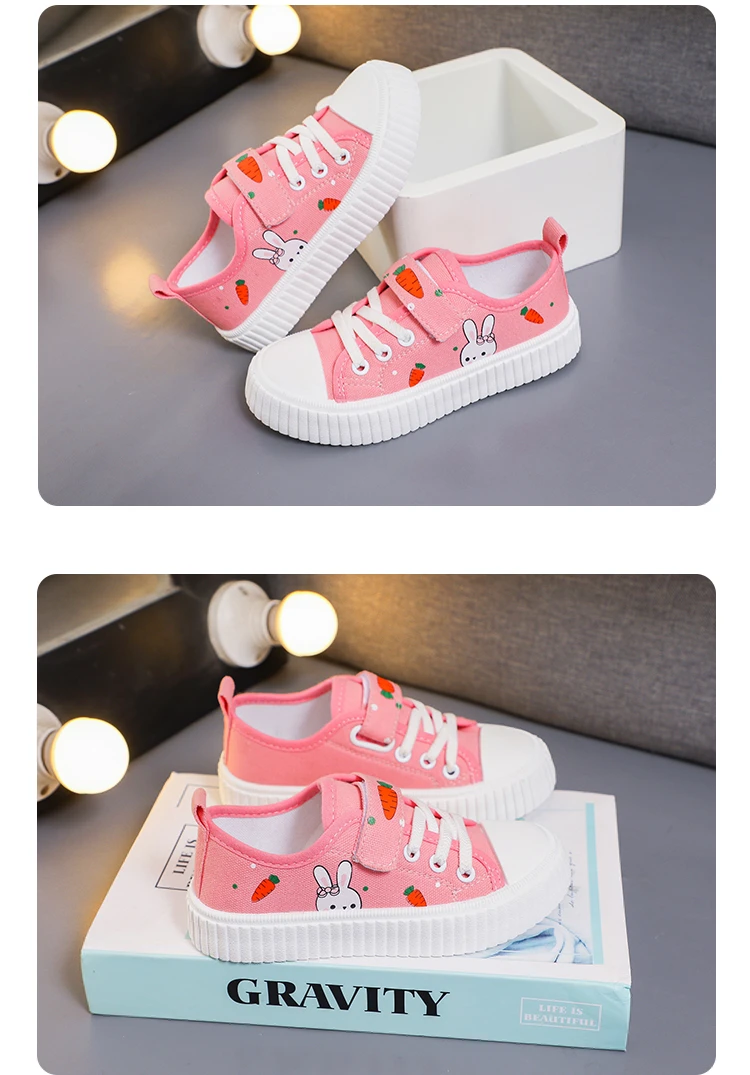 Girls Toddler Low Top Canvas Sneakers Rabbit Carrot Print Hook Loop Pink Adorable Comfortable Breathable Everyday