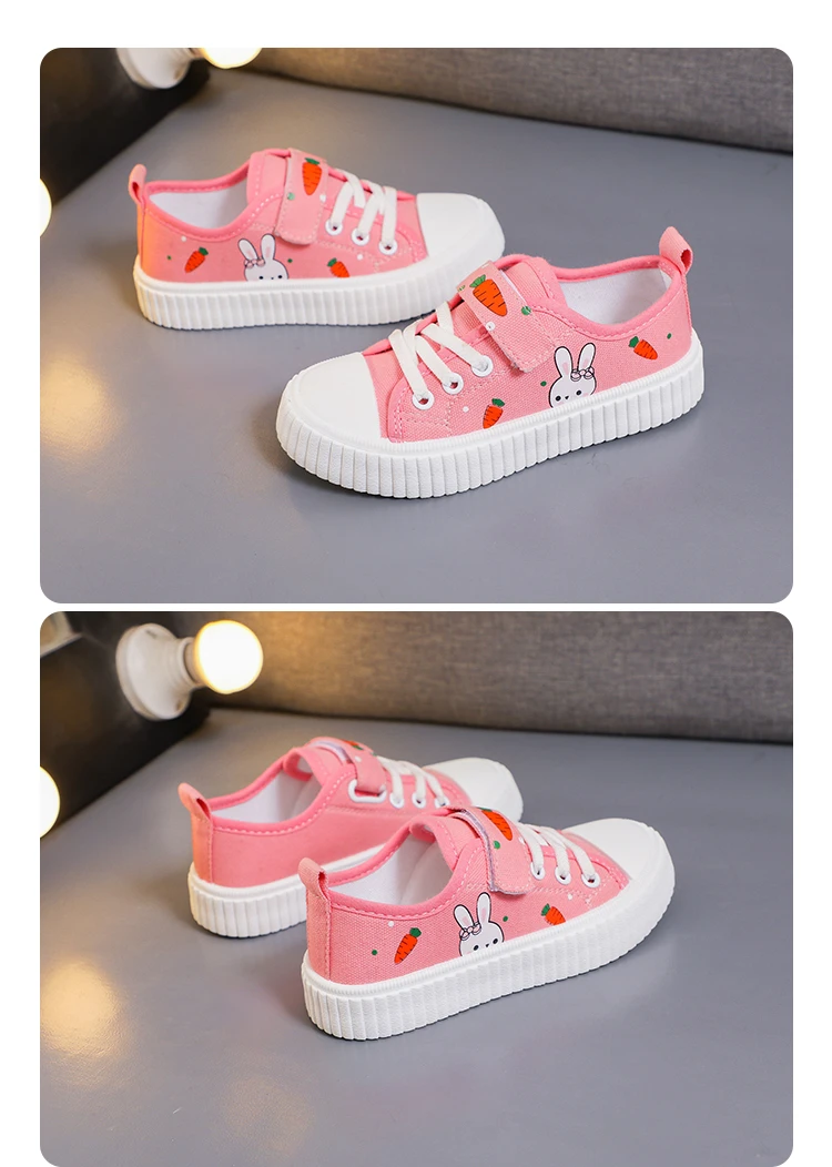 Girls Toddler Low Top Canvas Sneakers Rabbit Carrot Print Hook Loop Pink Adorable Comfortable Breathable Everyday