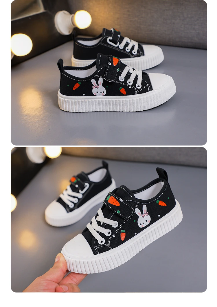 Girls Toddler Low Top Canvas Sneakers Rabbit Carrot Print Hook Loop Pink Adorable Comfortable Breathable Everyday