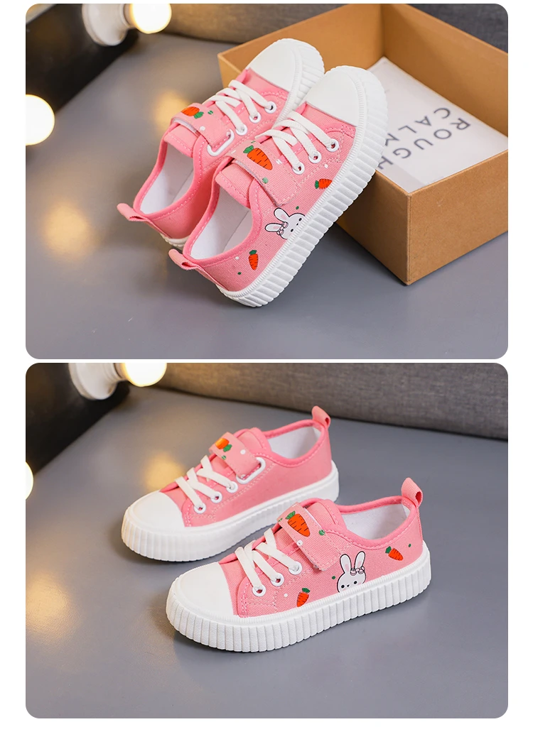 Girls Toddler Low Top Canvas Sneakers Rabbit Carrot Print Hook Loop Pink Adorable Comfortable Breathable Everyday