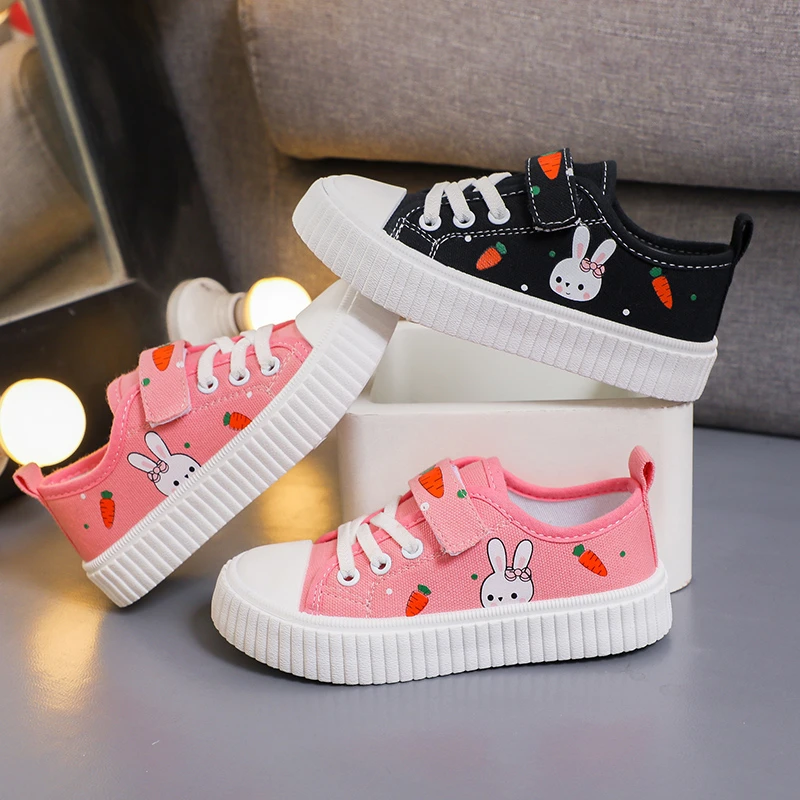 Girls Toddler Low Top Canvas Sneakers Rabbit Carrot Print Hook Loop Pink Adorable Comfortable Breathable Everyday