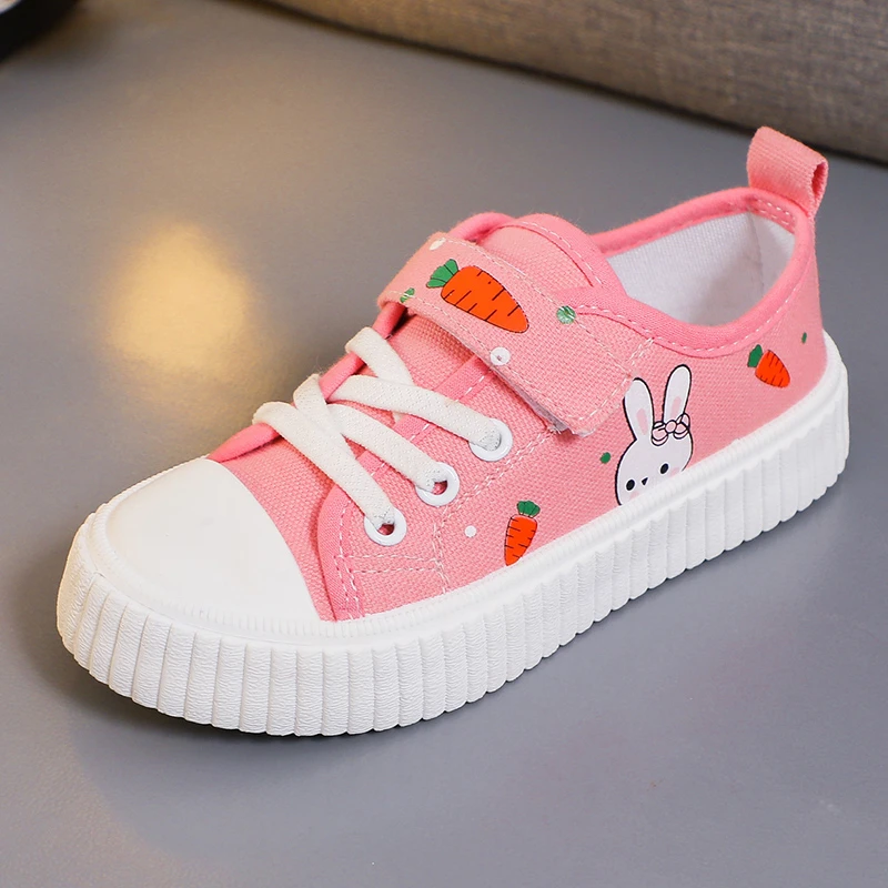 Girls Toddler Low Top Canvas Sneakers Rabbit Carrot Print Hook Loop Pink Adorable Comfortable Breathable Everyday