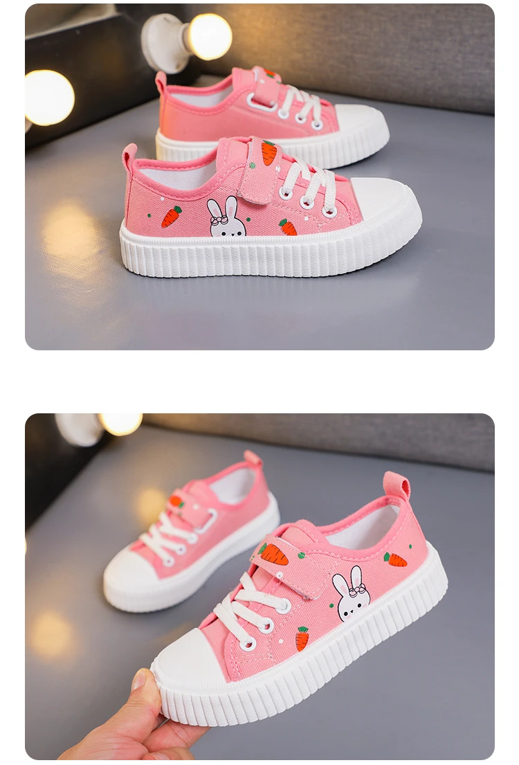 Girls Toddler Low Top Canvas Sneakers Rabbit Carrot Print Hook Loop Pink Adorable Comfortable Breathable Everyday
