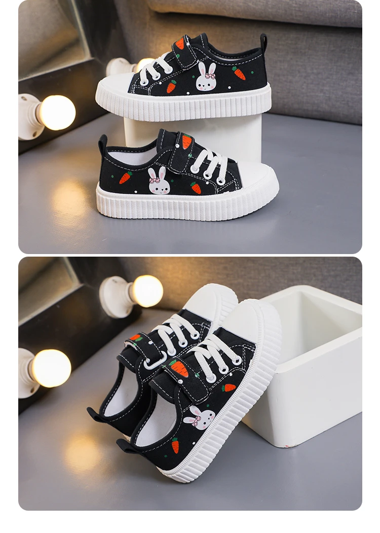 Girls Toddler Low Top Canvas Sneakers Rabbit Carrot Print Hook Loop Pink Adorable Comfortable Breathable Everyday