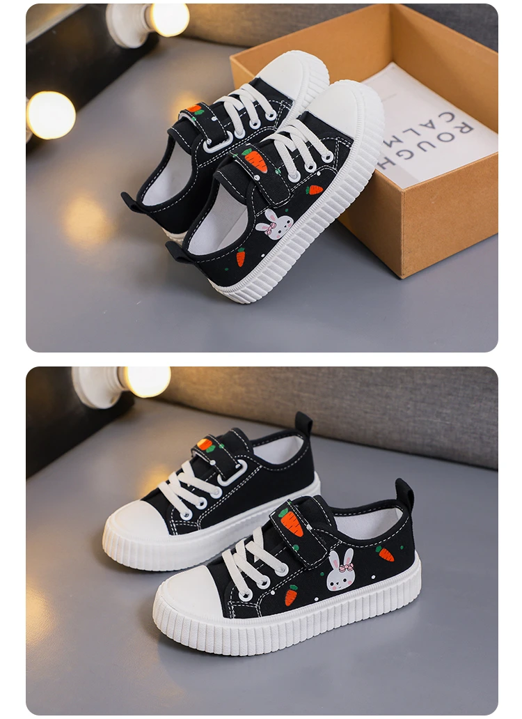 Girls Toddler Low Top Canvas Sneakers Rabbit Carrot Print Hook Loop Pink Adorable Comfortable Breathable Everyday