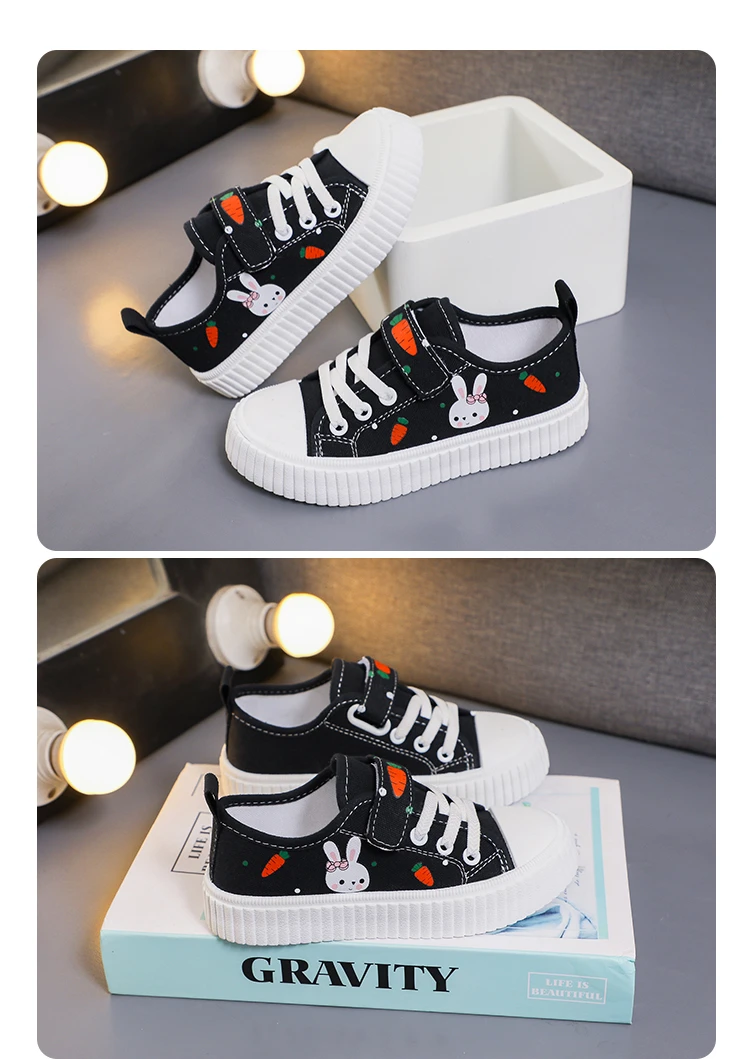 Girls Toddler Low Top Canvas Sneakers Rabbit Carrot Print Hook Loop Pink Adorable Comfortable Breathable Everyday