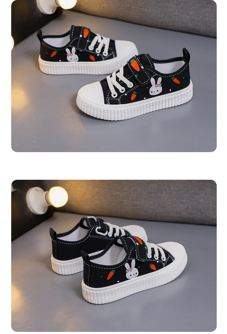 Girls Toddler Low Top Canvas Sneakers Rabbit Carrot Print Hook Loop Pink Adorable Comfortable Breathable Everyday