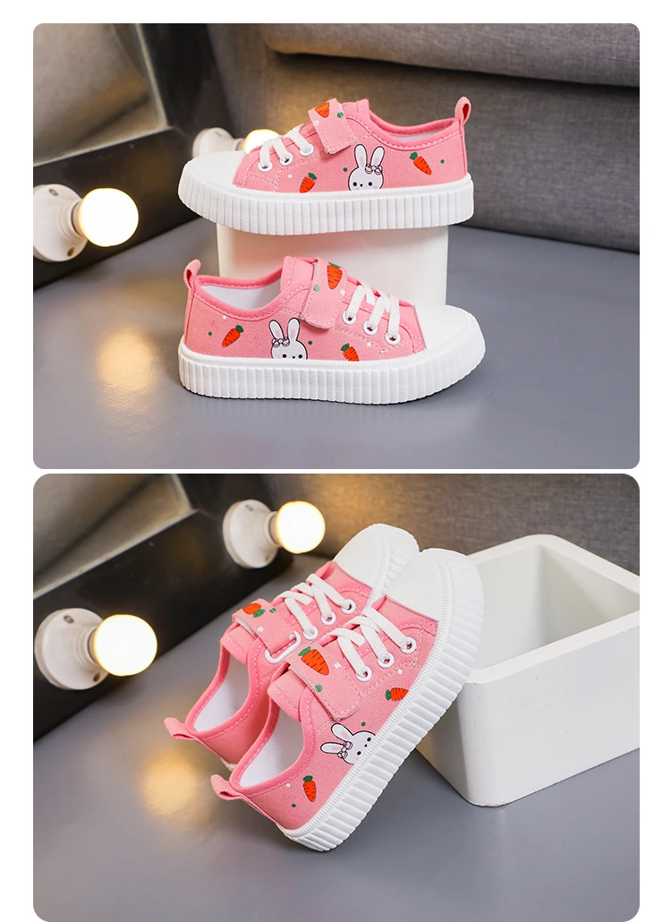 Girls Toddler Low Top Canvas Sneakers Rabbit Carrot Print Hook Loop Pink Adorable Comfortable Breathable Everyday