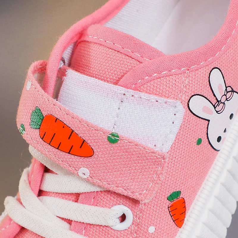 Girls Toddler Low Top Canvas Sneakers Rabbit Carrot Print Hook Loop Pink Adorable Comfortable Breathable Everyday