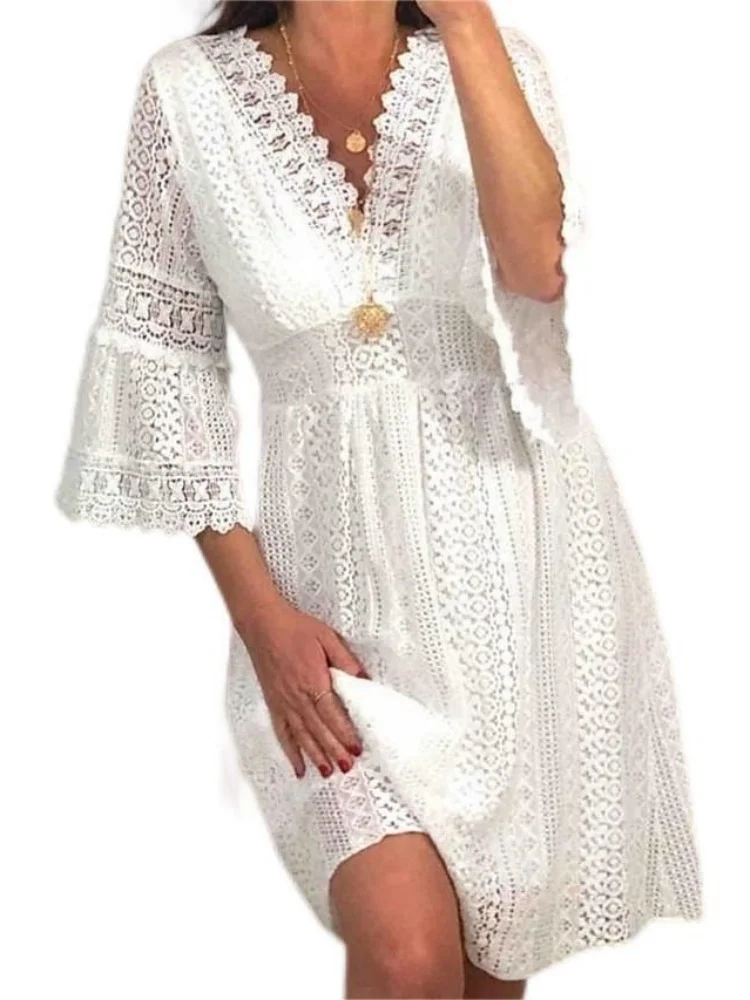 High Waist White Women Dresses Elegant Flare Sleeve Vestidos Summer Casual V-neck Hollow Out Lace Dress