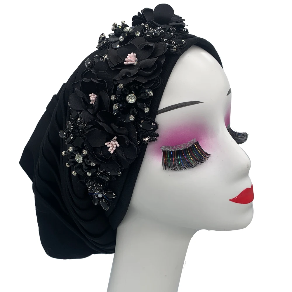 Elegant Flower Diamonds Women's Turban Cap African Party Headwear Hat Lady Head Wraps Muslim Headscarf Hats Turbante Mujer