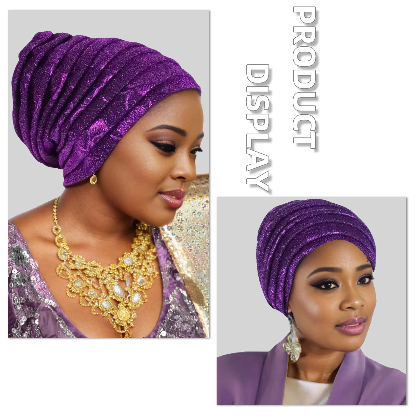 Glitter Pleated Women's Head Wraps Bonnet African Turban Cap Muslim Headscarf Bonnet Turbante Mujer