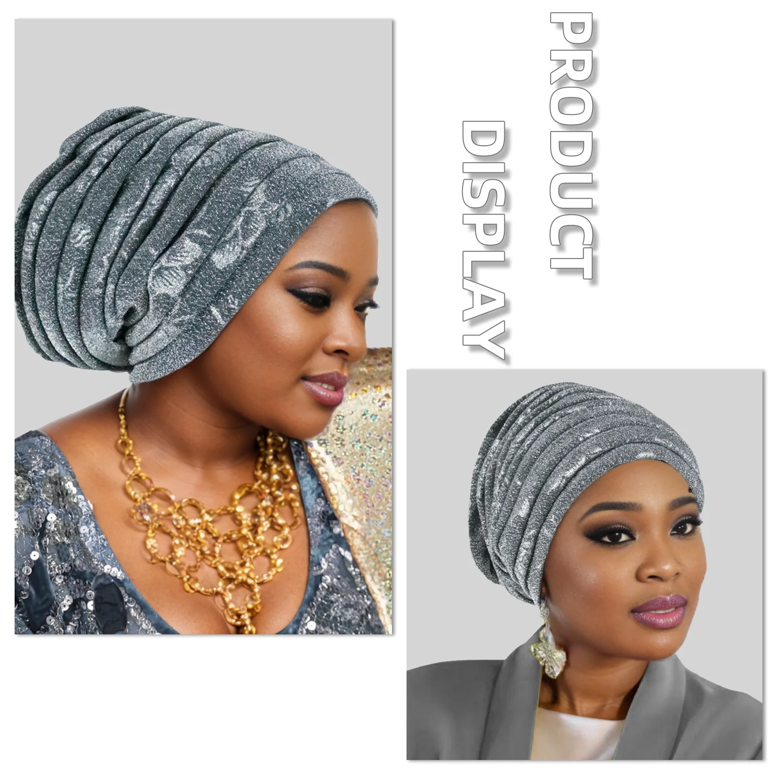Glitter Pleated Women's Head Wraps Bonnet African Turban Cap Muslim Headscarf Bonnet Turbante Mujer