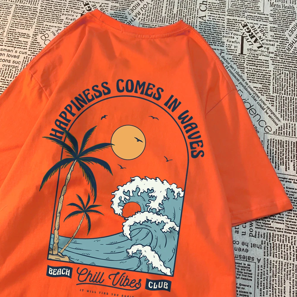 Happiness Comes In Waves Printing Men Women Clothes Fashion Loose Tops Creativity Casual T Shirt Pattern Loose Tshirts Couple