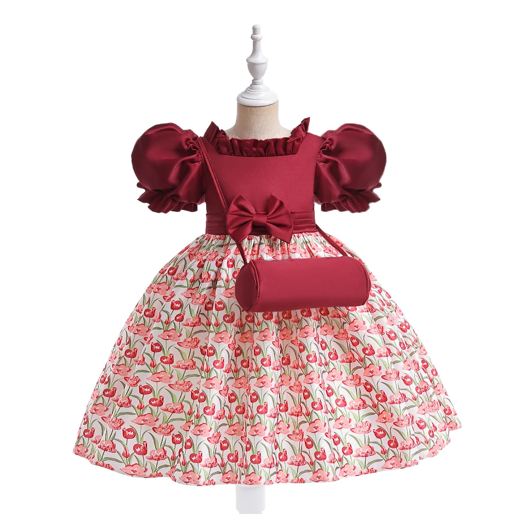 Summer Girls Dress With Bag Elegant Kid Floral Print Princess Party Dresses For Girl Children Costume Birthday Wedding Prom Gown