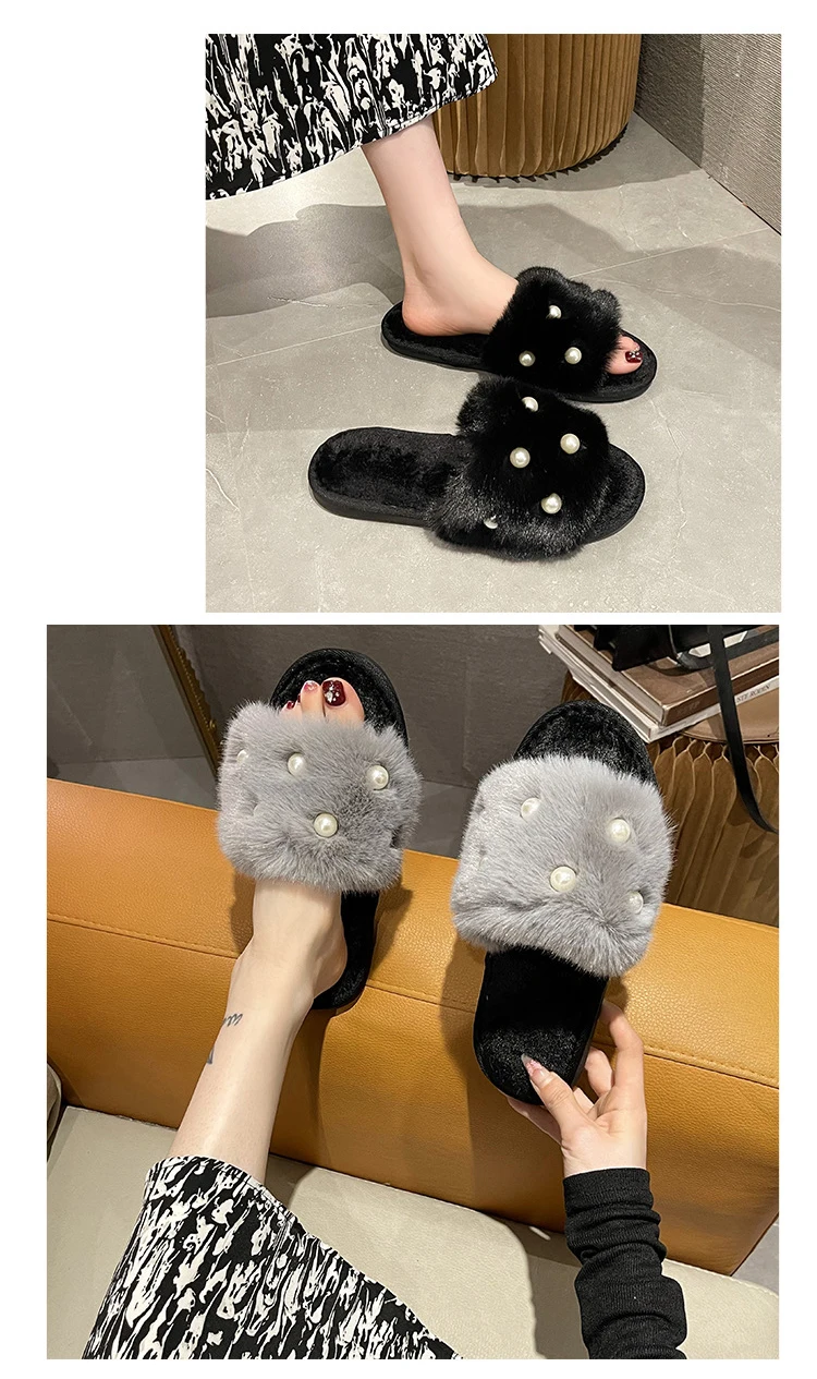 Perle Fluffy Slippers Home Winter Casual Designer Shoes Women 2025 New Luxury Indoor Plush Slides Girls Fashion Elegant Footwear