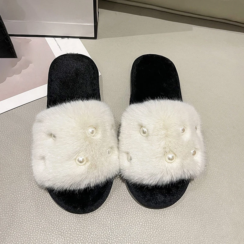 Perle Fluffy Slippers Home Winter Casual Designer Shoes Women 2025 New Luxury Indoor Plush Slides Girls Fashion Elegant Footwear