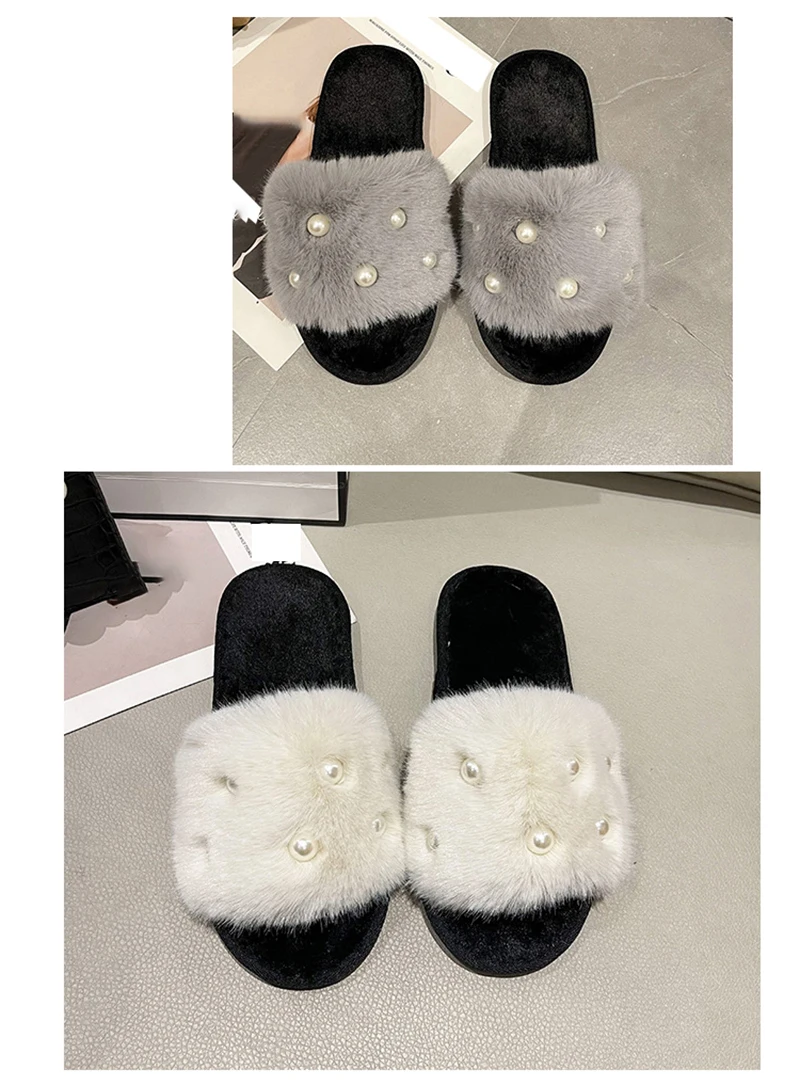 Perle Fluffy Slippers Home Winter Casual Designer Shoes Women 2025 New Luxury Indoor Plush Slides Girls Fashion Elegant Footwear