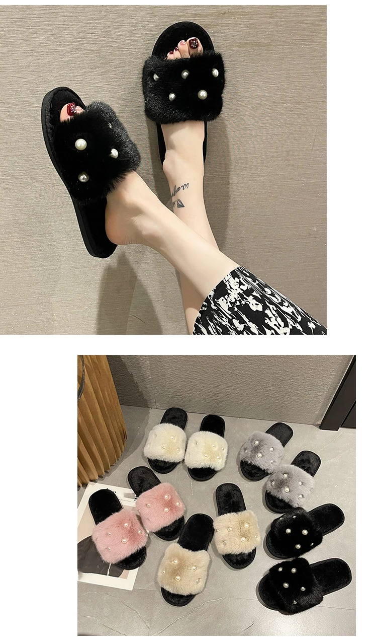 Perle Fluffy Slippers Home Winter Casual Designer Shoes Women 2025 New Luxury Indoor Plush Slides Girls Fashion Elegant Footwear