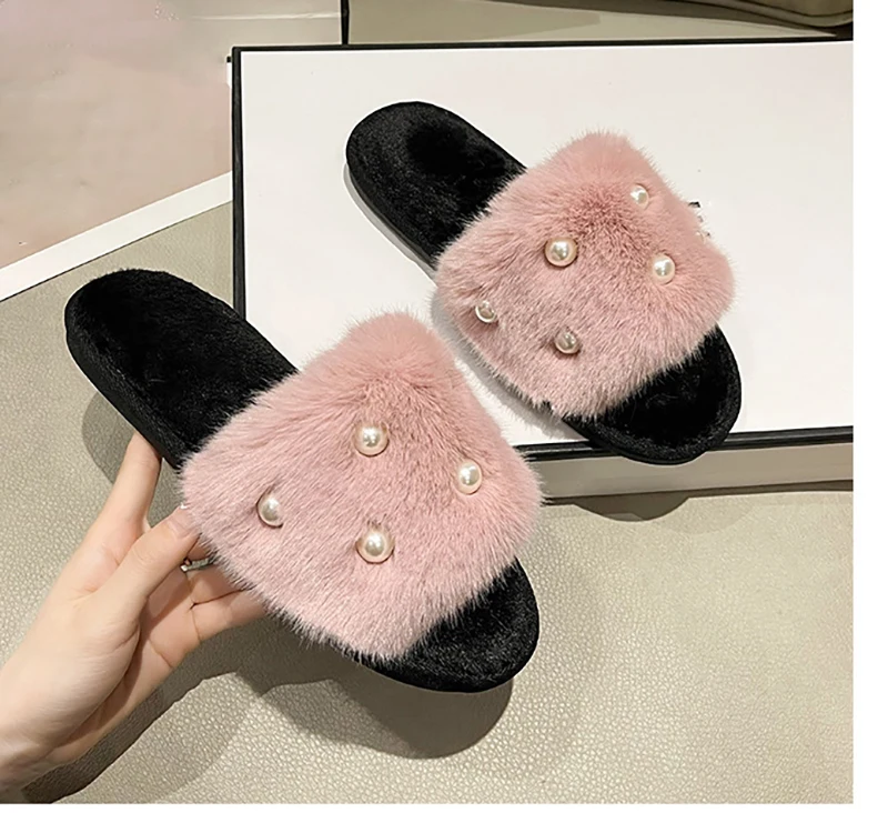 Perle Fluffy Slippers Home Winter Casual Designer Shoes Women 2025 New Luxury Indoor Plush Slides Girls Fashion Elegant Footwear