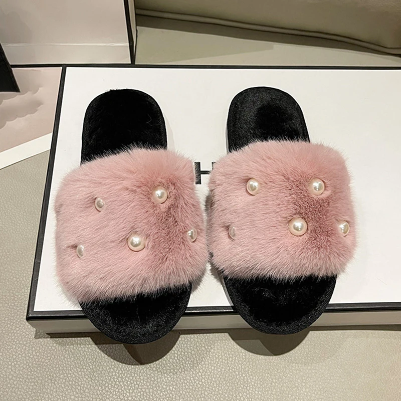 Perle Fluffy Slippers Home Winter Casual Designer Shoes Women 2025 New Luxury Indoor Plush Slides Girls Fashion Elegant Footwear