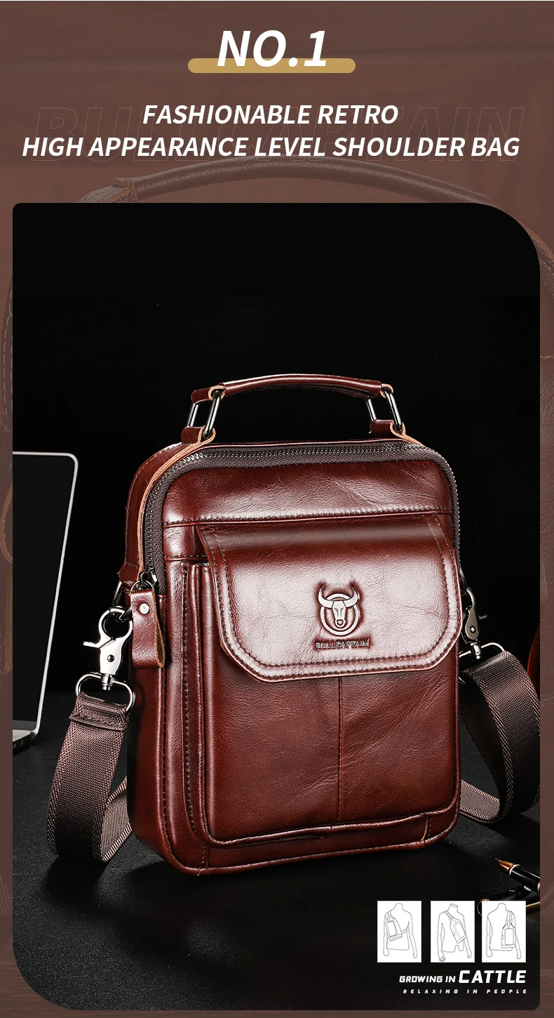 BULLCAPTAIN New Genuine Leather Men Vintage Handbags Flap Men's Shoulder Bag Casual Office Messenger Bags Fashion Crossbody