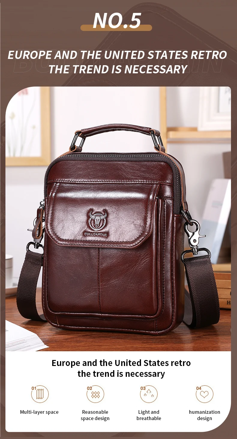 BULLCAPTAIN New Genuine Leather Men Vintage Handbags Flap Men's Shoulder Bag Casual Office Messenger Bags Fashion Crossbody