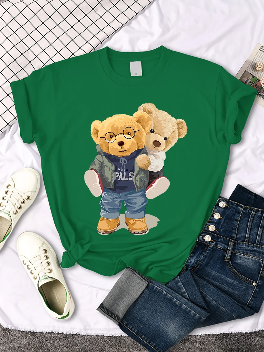 We Are Best Friends Cute Bear T-Shirt Women Summer Breathable Tops Street Vintage Casual Short Sleeve Sport Aesthetic Clothes
