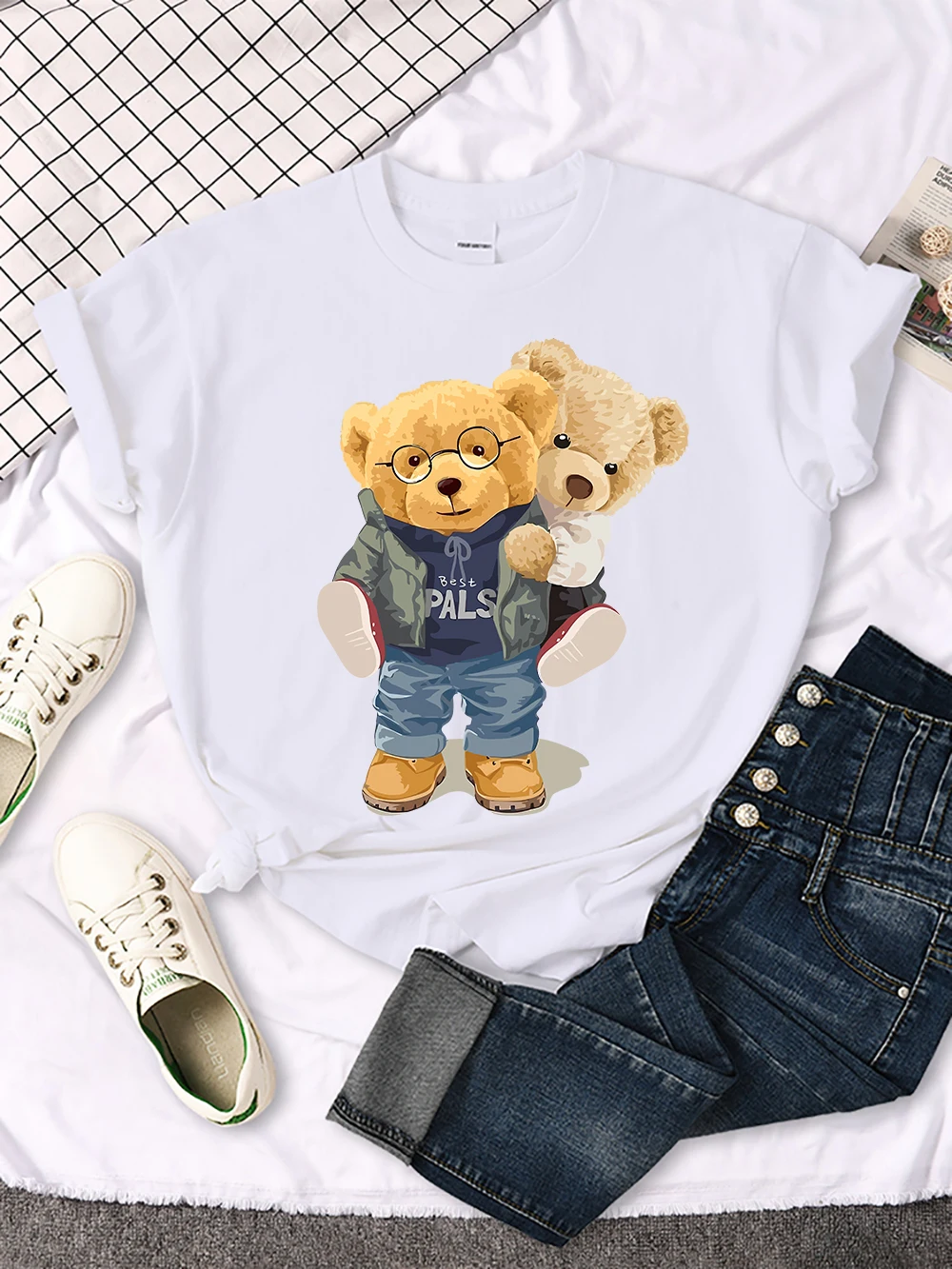 We Are Best Friends Cute Bear T-Shirt Women Summer Breathable Tops Street Vintage Casual Short Sleeve Sport Aesthetic Clothes