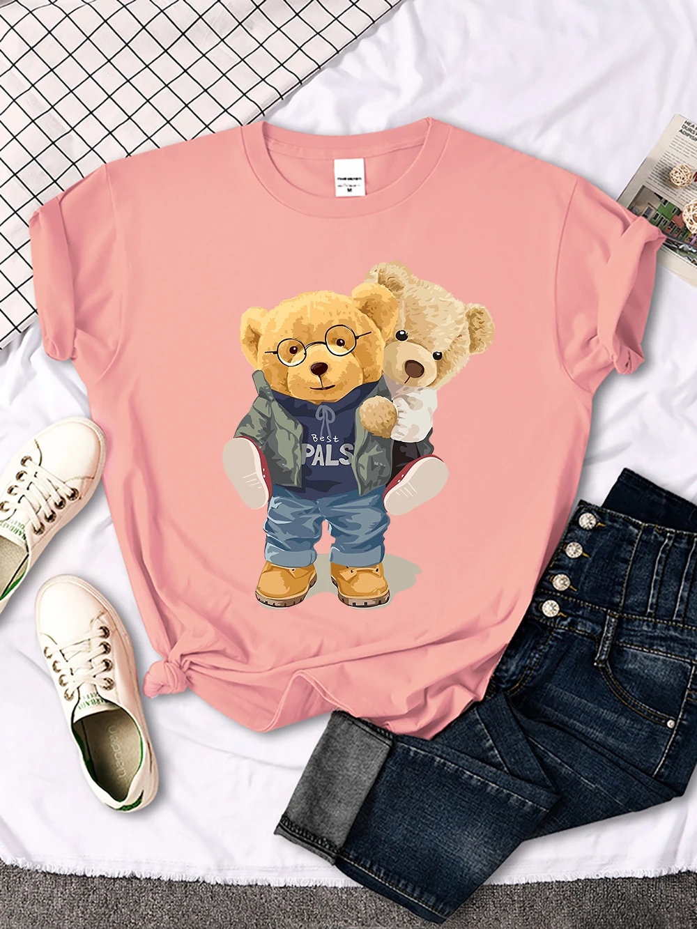 We Are Best Friends Cute Bear T-Shirt Women Summer Breathable Tops Street Vintage Casual Short Sleeve Sport Aesthetic Clothes