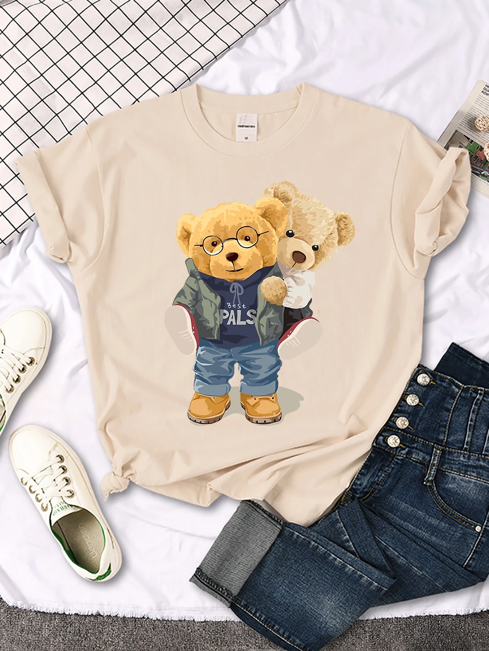 We Are Best Friends Cute Bear T-Shirt Women Summer Breathable Tops Street Vintage Casual Short Sleeve Sport Aesthetic Clothes