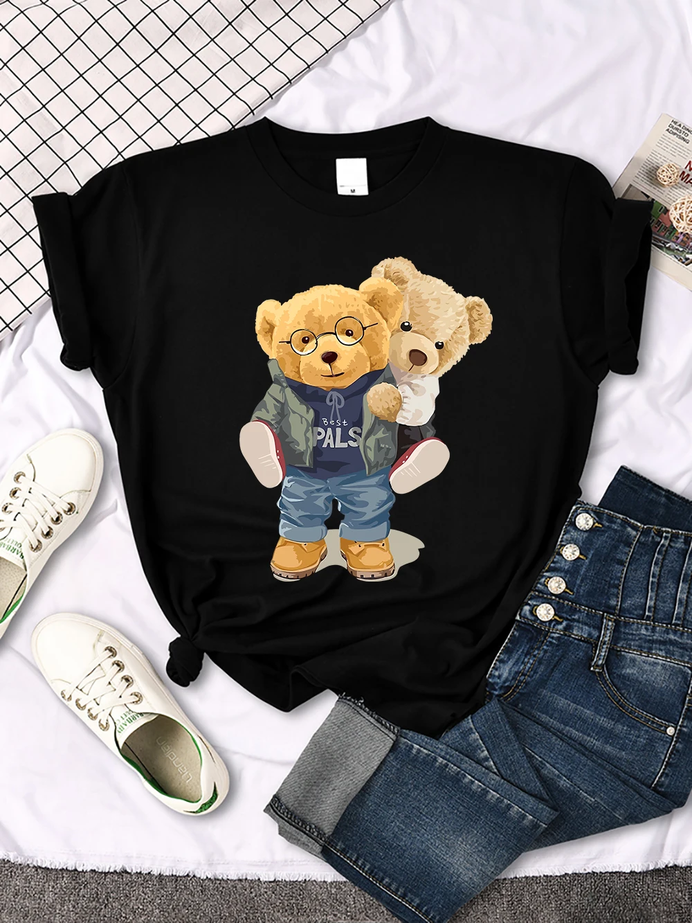 We Are Best Friends Cute Bear T-Shirt Women Summer Breathable Tops Street Vintage Casual Short Sleeve Sport Aesthetic Clothes