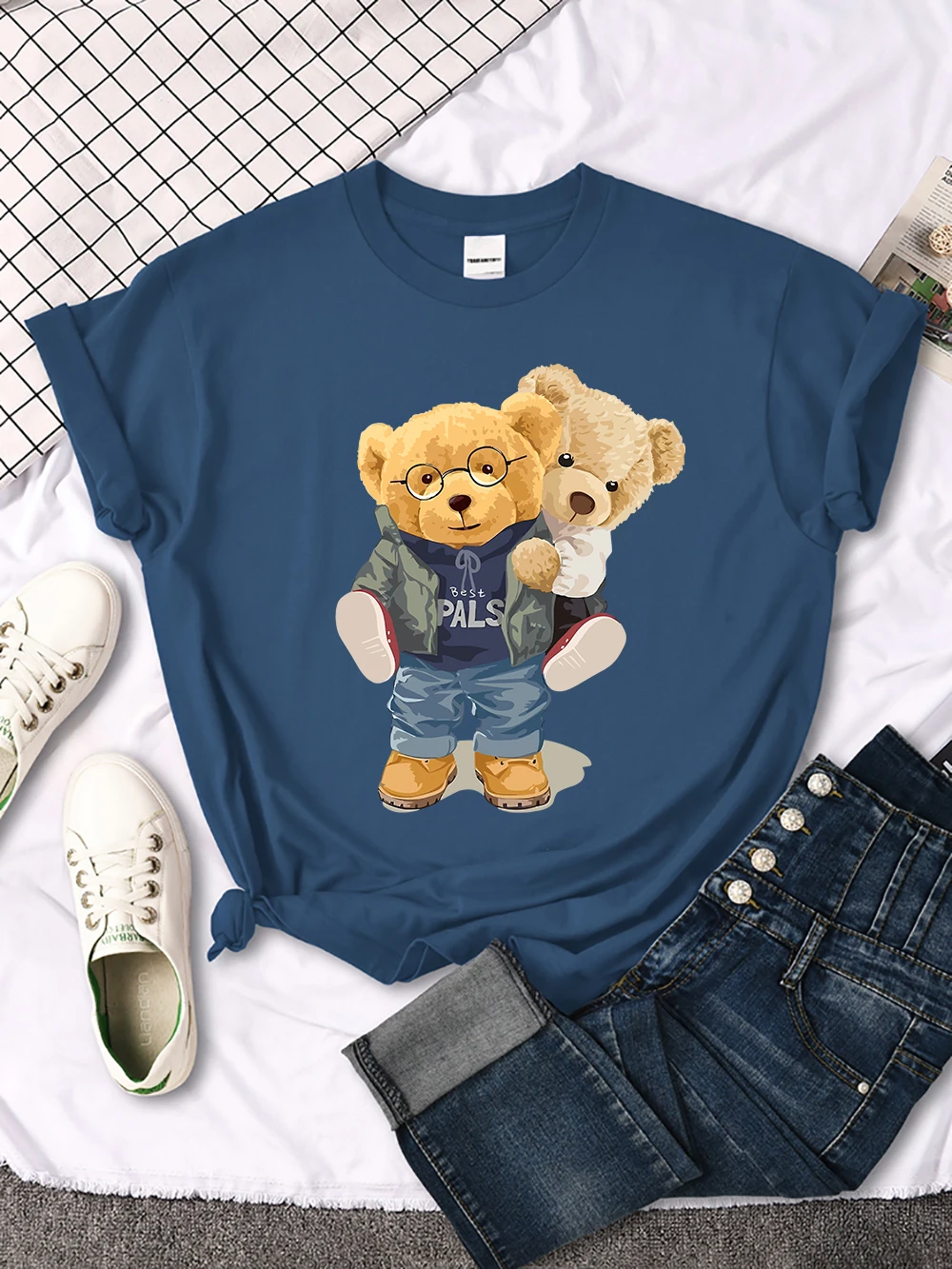 We Are Best Friends Cute Bear T-Shirt Women Summer Breathable Tops Street Vintage Casual Short Sleeve Sport Aesthetic Clothes