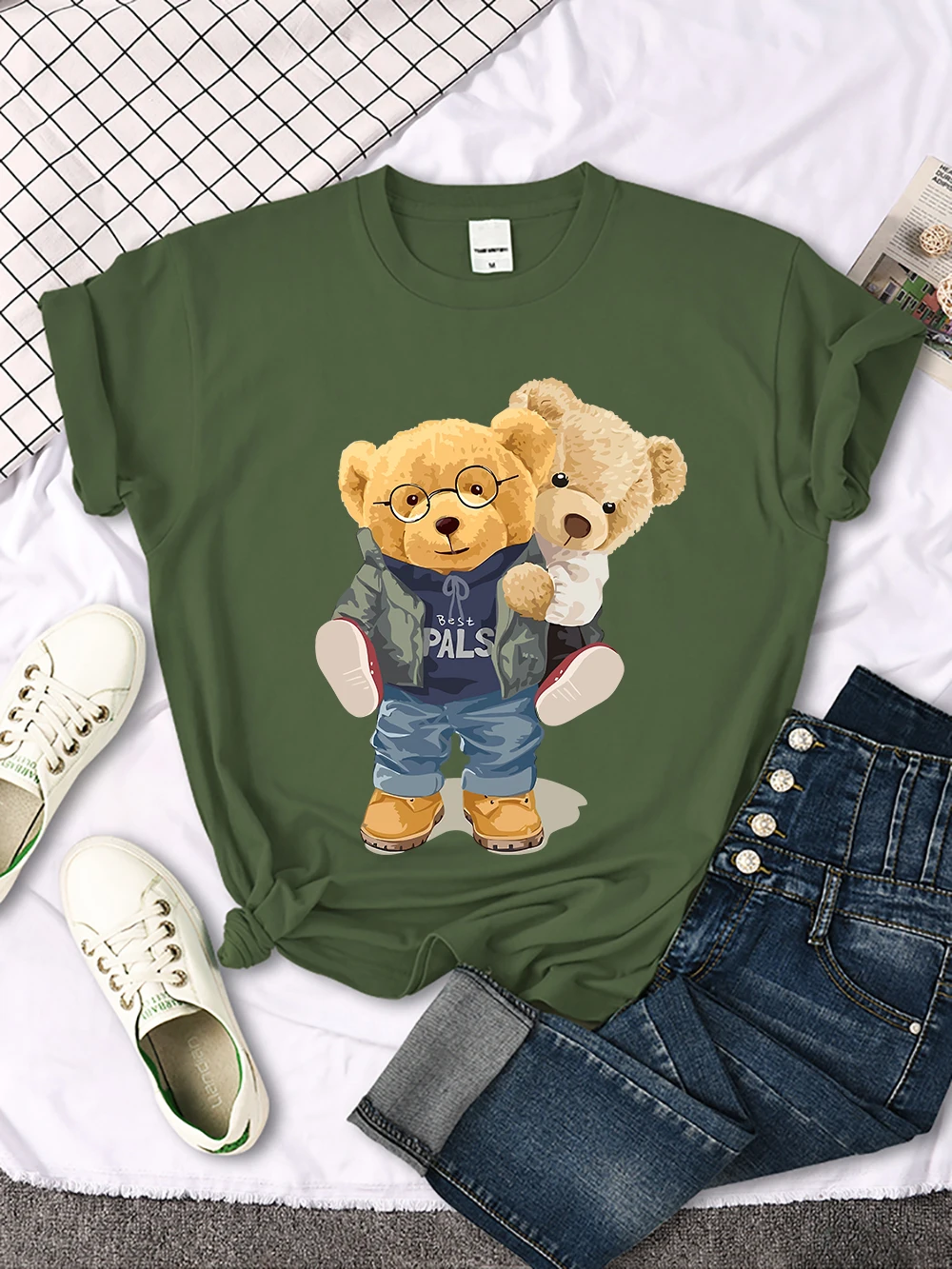 We Are Best Friends Cute Bear T-Shirt Women Summer Breathable Tops Street Vintage Casual Short Sleeve Sport Aesthetic Clothes