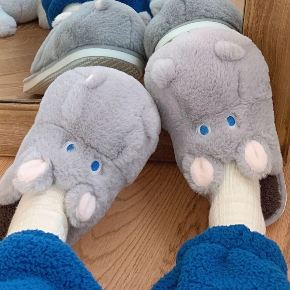 Winter Women Cute Home Plush Slippers Cartoon Hippo Warm Faux Fur Lining Fluffy Cozy Flat Non Slip Sole Ladies Shoes