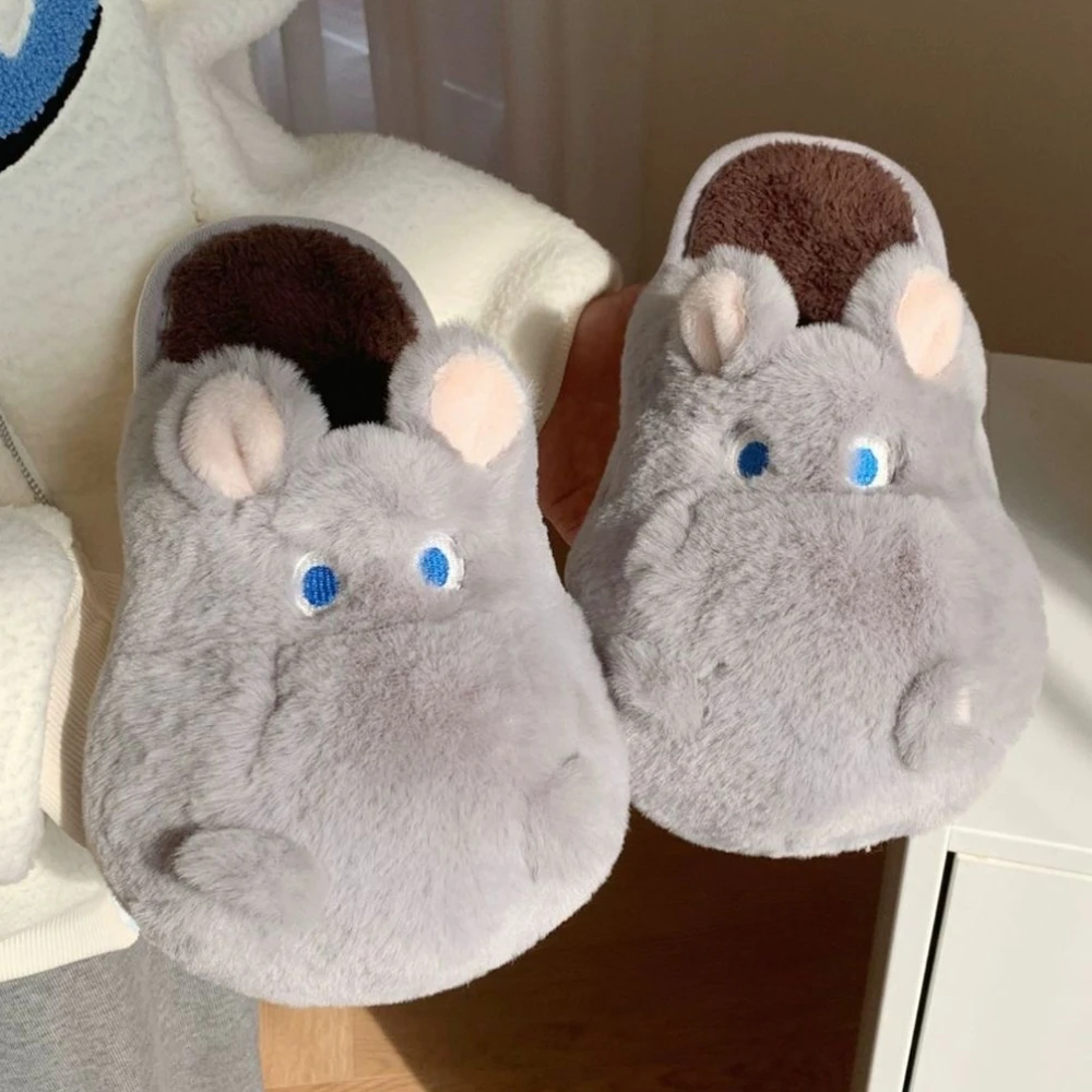 Winter Women Cute Home Plush Slippers Cartoon Hippo Warm Faux Fur Lining Fluffy Cozy Flat Non Slip Sole Ladies Shoes