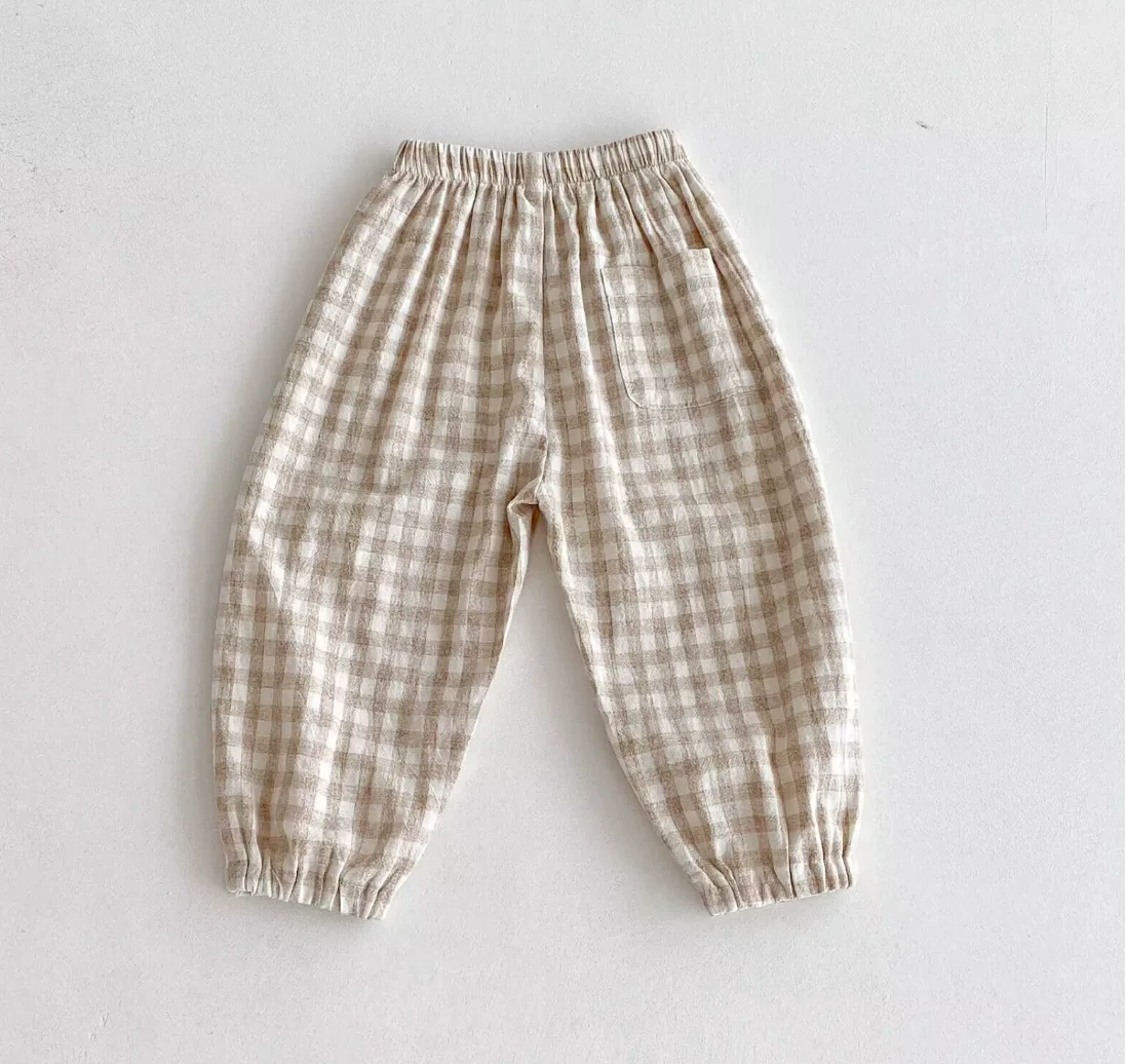 Vintage Linen Cotton Stripe Pants for Boys Casual Pocket Design Elastics Waist Pants for Toddler Girl Clothing Children Trousers