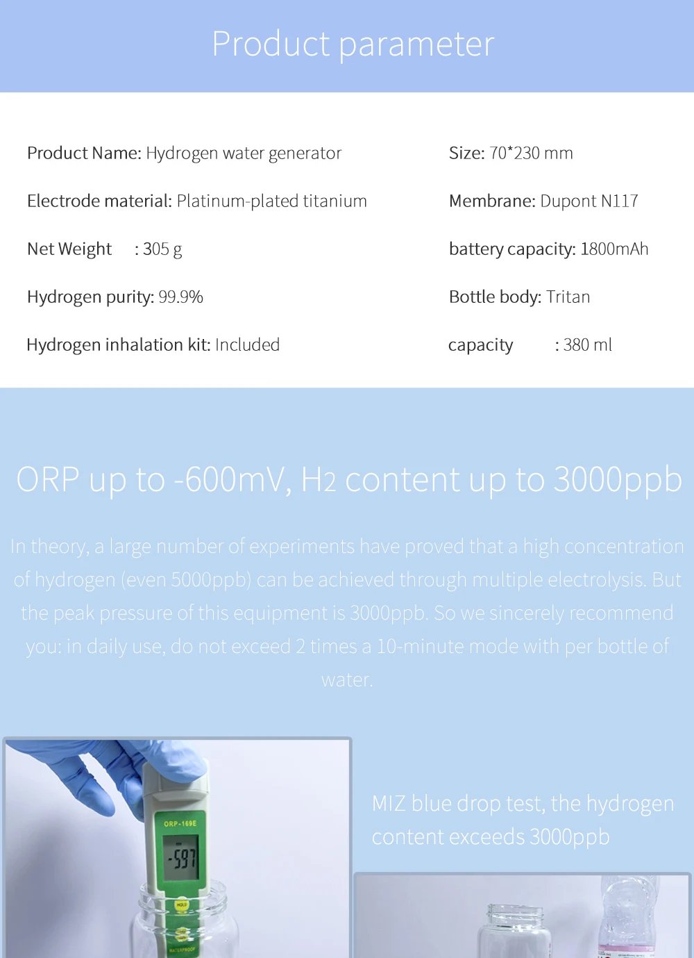 Sport/Travel Design DuPont 3000ppb Hydrogen Rich Water Generator  3 in 1 use with Inhalation tube self-cleaning SPE/PEM H2 maker