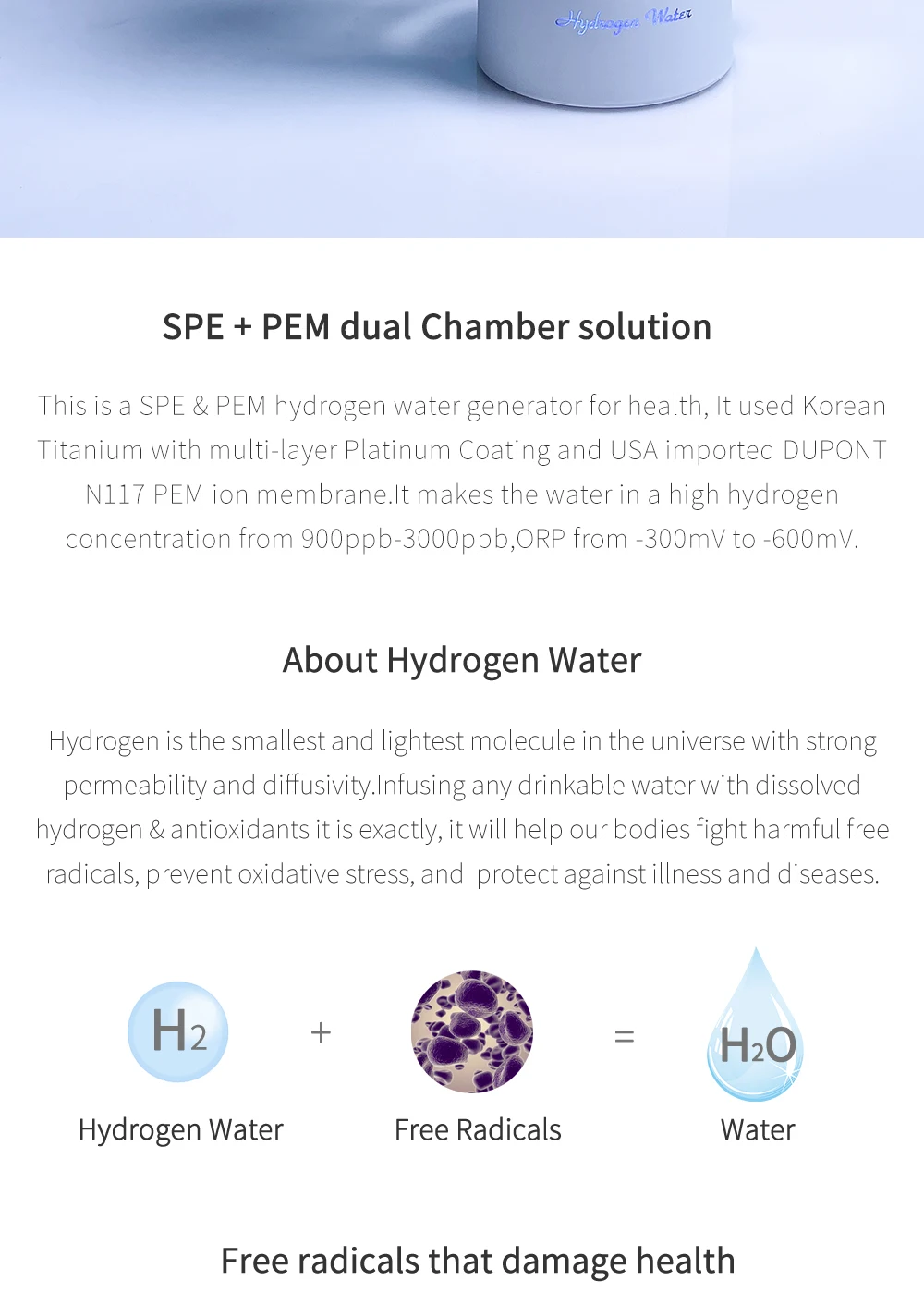 Sport/Travel Design DuPont 3000ppb Hydrogen Rich Water Generator  3 in 1 use with Inhalation tube self-cleaning SPE/PEM H2 maker