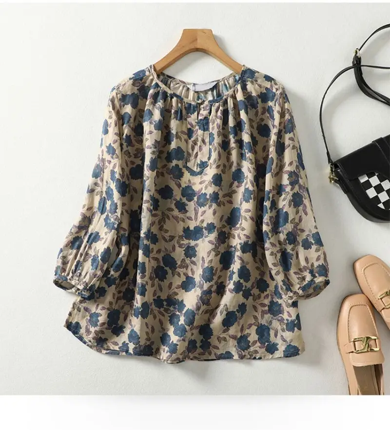 Blue Floral Printing Linen O-Neck Lantern Sleeve T-shirt Loose Women's Blouse Shirt Korean Fashion Female Clothing Tops 2024