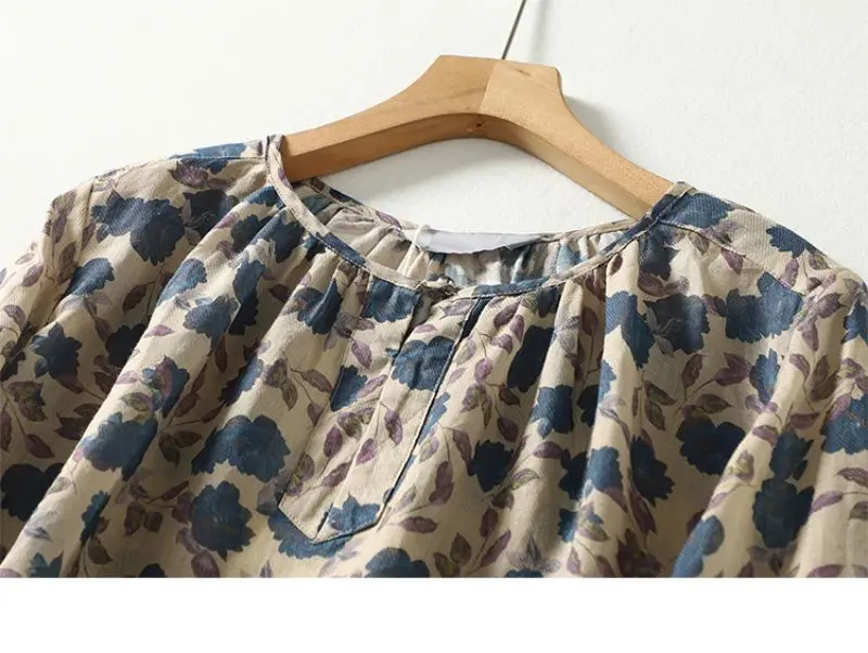Blue Floral Printing Linen O-Neck Lantern Sleeve T-shirt Loose Women's Blouse Shirt Korean Fashion Female Clothing Tops 2024